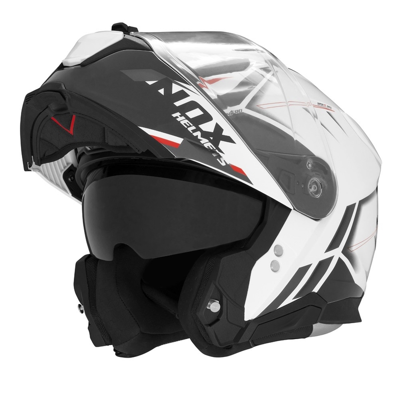 Cască de motocicletă rabatabilă NOX N967 Synchro alb-negru-roșu