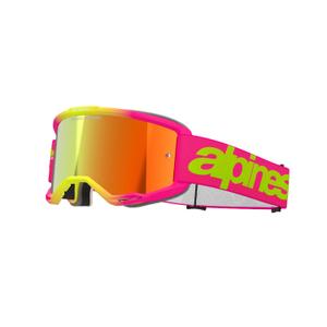 Ochelari de protecție Alpinestars Vision 5 Wordmark de motocross roz-galben fluo cu plexiglas roșu în oglindă