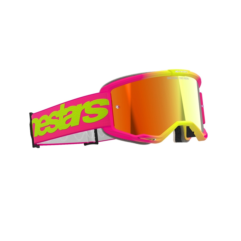 Ochelari de protecție Alpinestars Vision 5 Wordmark de motocross roz-galben fluo cu plexiglas roșu în oglindă