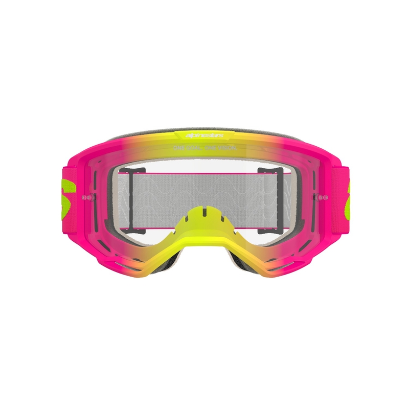 Ochelari de motocross Alpinestars Vision 5 Wordmark roz-galben fluo cu plexiglas transparent