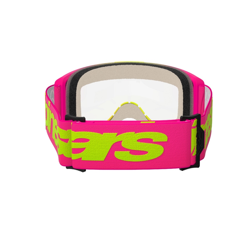 Ochelari de motocross Alpinestars Vision 5 Wordmark roz-galben fluo cu plexiglas transparent