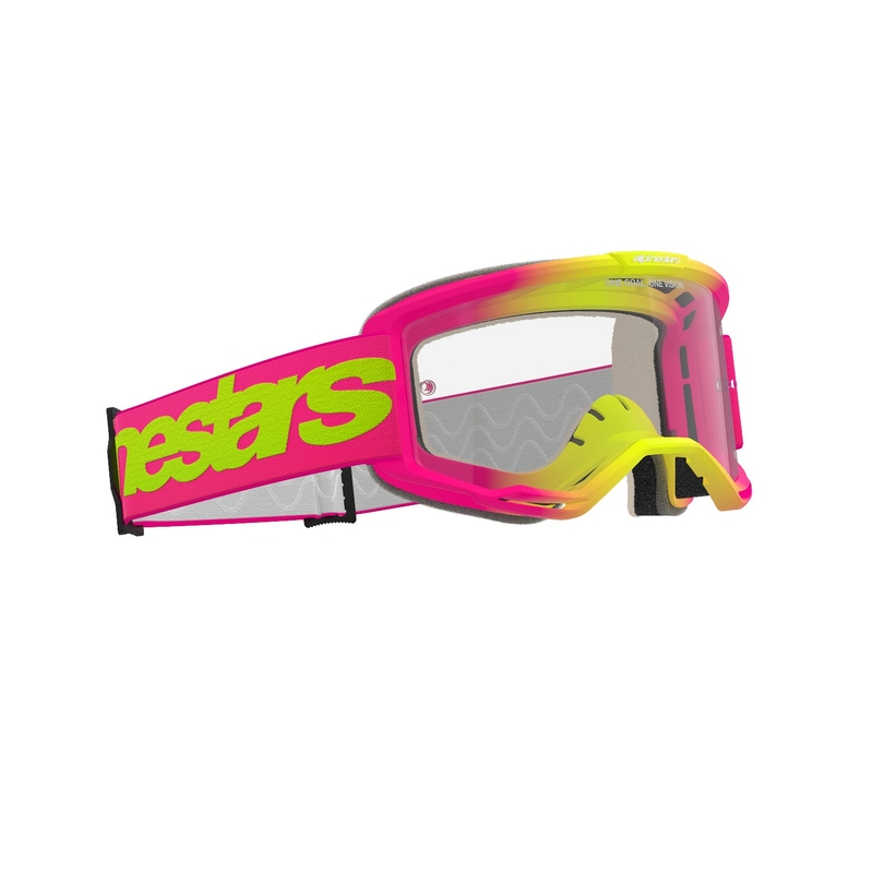 Ochelari de motocross Alpinestars Vision 5 Wordmark roz-galben fluo cu plexiglas transparent