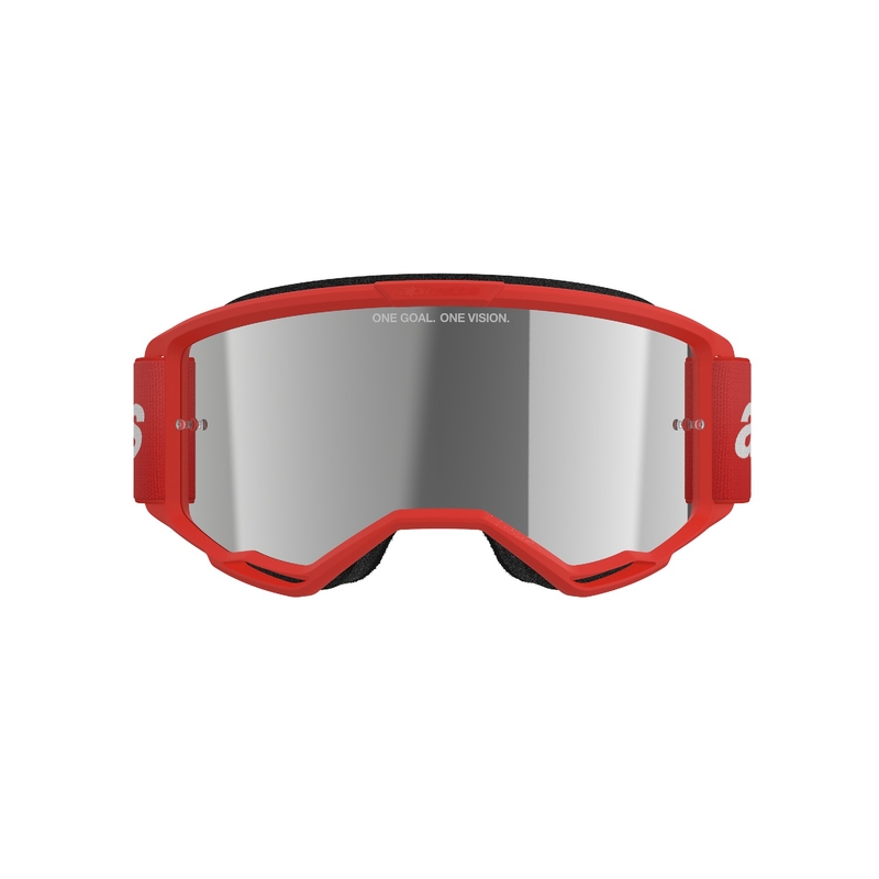 Ochelari de protecție roșii de motocross Alpinestars Vision 3 Wordmark cu plexiglas argintiu