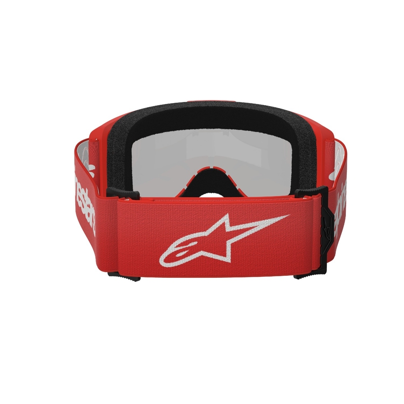 Ochelari de protecție roșii de motocross Alpinestars Vision 3 Wordmark cu plexiglas argintiu