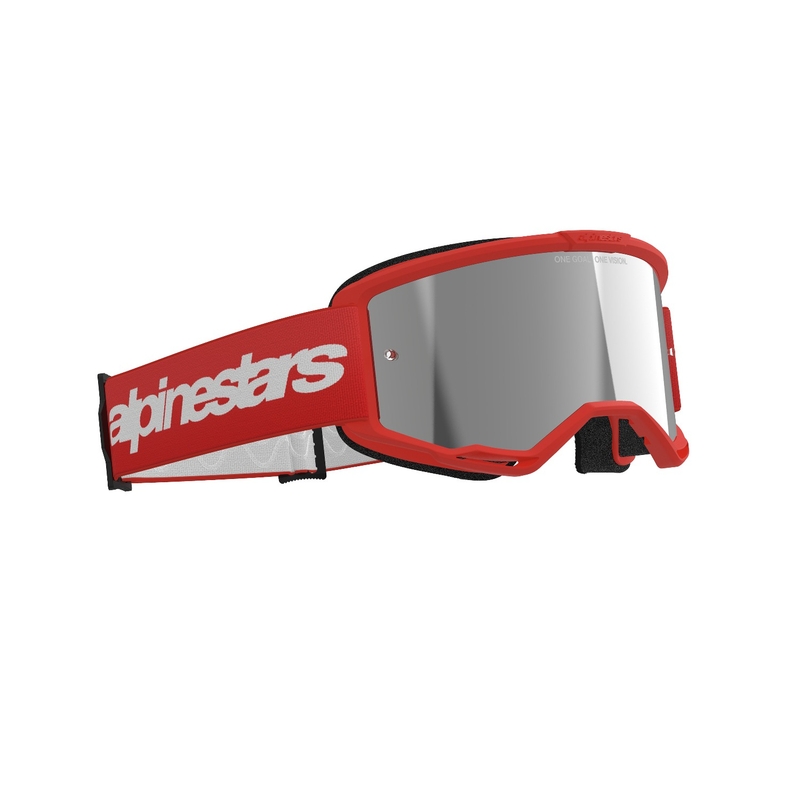 Ochelari de protecție roșii de motocross Alpinestars Vision 3 Wordmark cu plexiglas argintiu