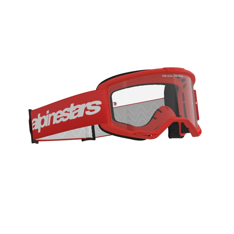 Ochelari de protecție roșii de motocross Alpinestars Vision 3 Wordmark cu plexiglas transparent