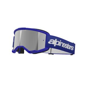 Ochelari de motocross Alpinestars Vision 3 Wordmark albaștri cu lentilă argintie în oglindă