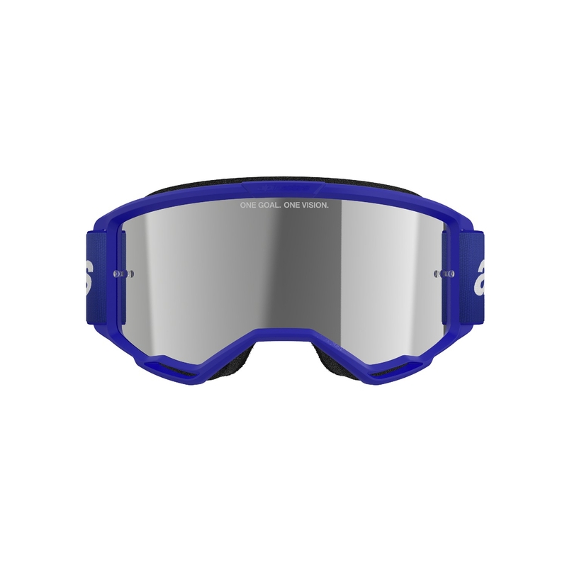 Ochelari de motocross Alpinestars Vision 3 Wordmark albaștri cu lentilă argintie în oglindă