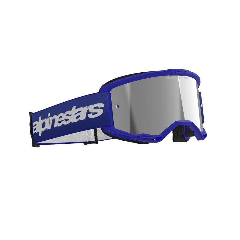 Ochelari de motocross Alpinestars Vision 3 Wordmark albaștri cu lentilă argintie în oglindă