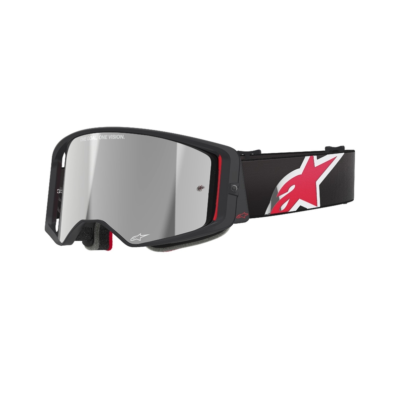 Ochelari de motocross Alpinestars Supertech Corp negru-roșu cu lentile argintie în oglindă