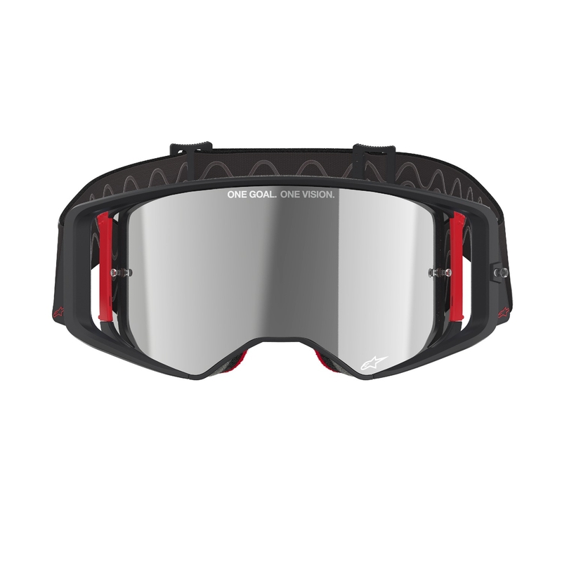 Ochelari de motocross Alpinestars Supertech Corp negru-roșu cu lentile argintie în oglindă