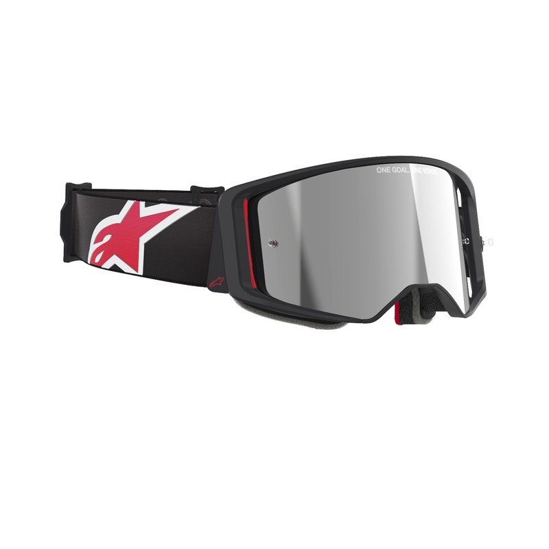 Ochelari de motocross Alpinestars Supertech Corp negru-roșu cu lentile argintie în oglindă