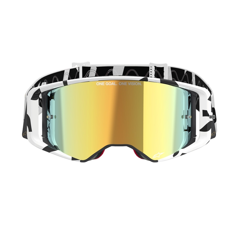 Ochelari de protecție de motocross Alpinestars Supertech Corp, alb-auriu, cu lentile din oglindă aurie