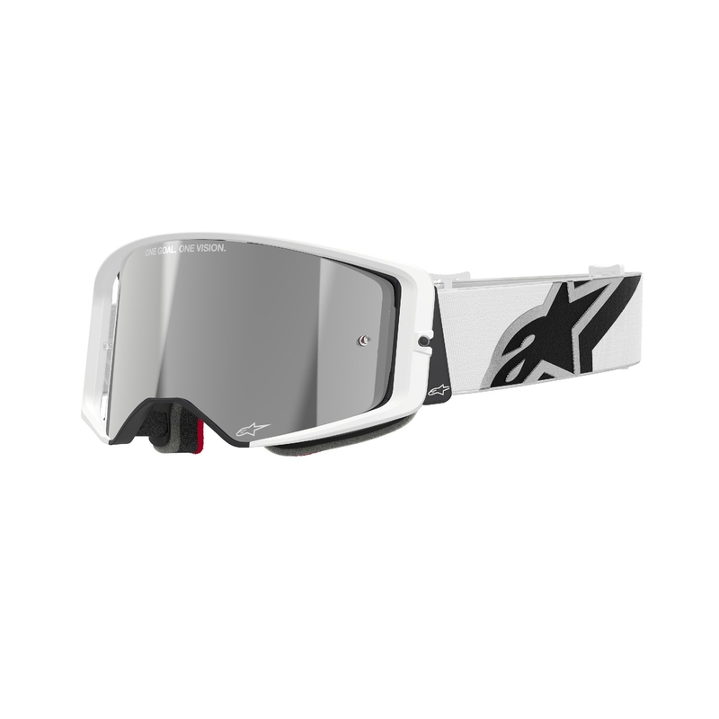 Ochelari de motocross Alpinestars Supertech Corp albi cu lentile argintie oglinda