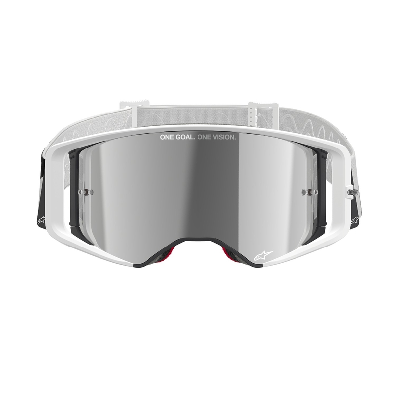 Ochelari de motocross Alpinestars Supertech Corp albi cu lentile argintie oglinda