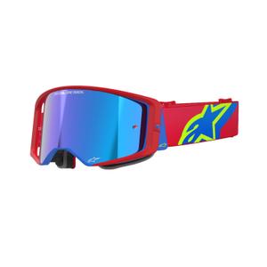 Ochelari de motocross Alpinestars Supertech Corp roșu-albastru cu lentilă argintie în oglindă