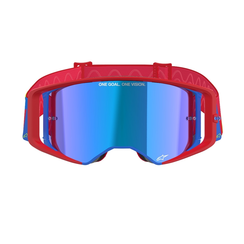 Ochelari de motocross Alpinestars Supertech Corp roșu-albastru cu lentilă argintie în oglindă