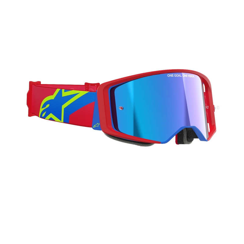 Ochelari de motocross Alpinestars Supertech Corp roșu-albastru cu lentilă argintie în oglindă