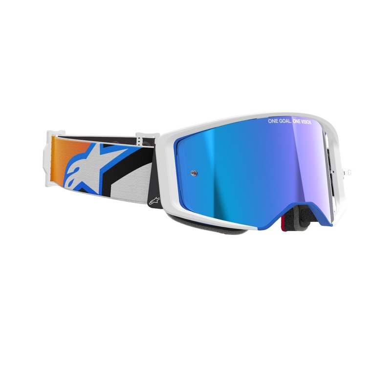 Ochelari de protecție Alpinestars Supertech Corp de motocross albastru-portocaliu cu lentilă albastră în oglindă