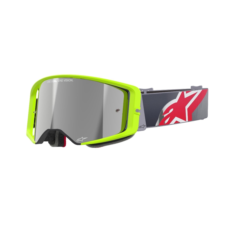 Ochelari de motocross Alpinestars Supertech Corp galben-rosu fluo cu lentila argintie oglinda