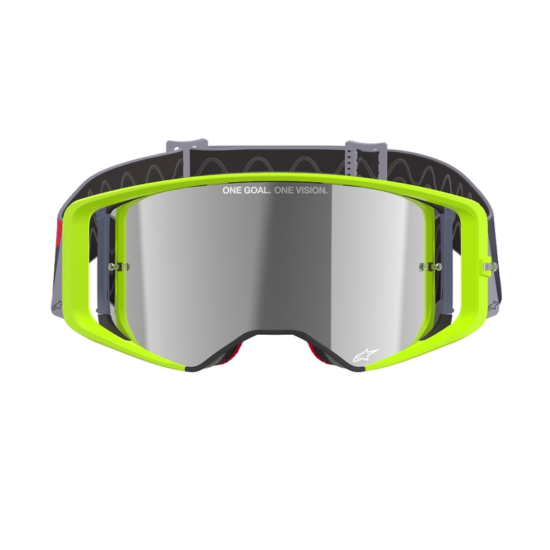 Ochelari de motocross Alpinestars Supertech Corp galben-rosu fluo cu lentila argintie oglinda