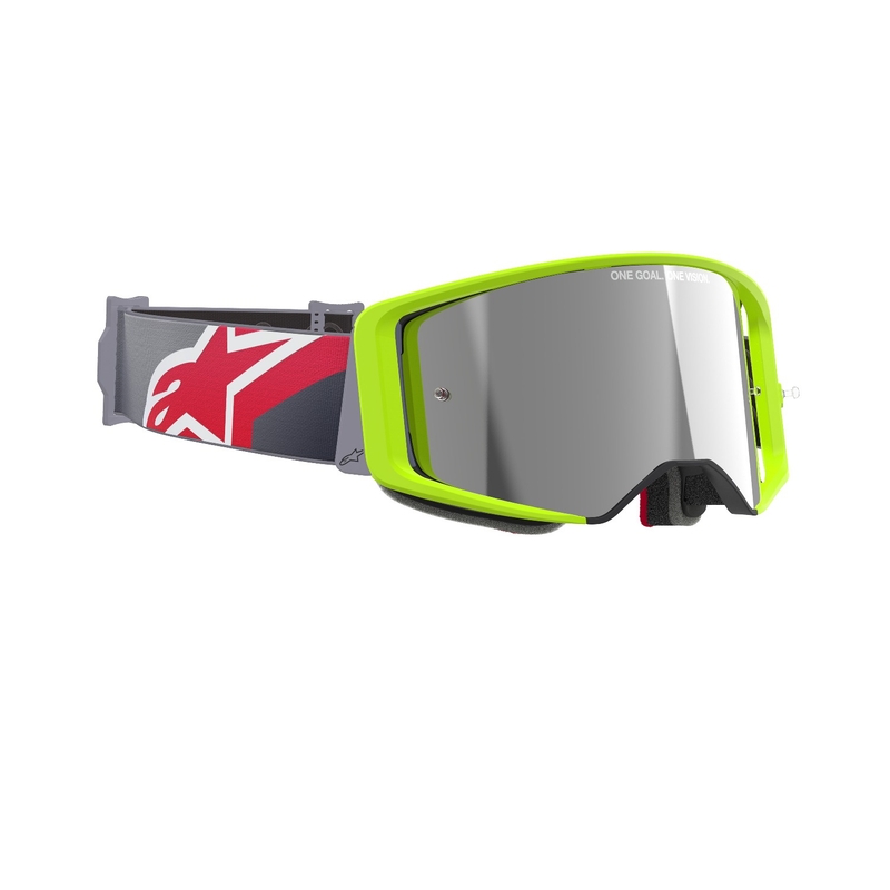 Ochelari de motocross Alpinestars Supertech Corp galben-rosu fluo cu lentila argintie oglinda