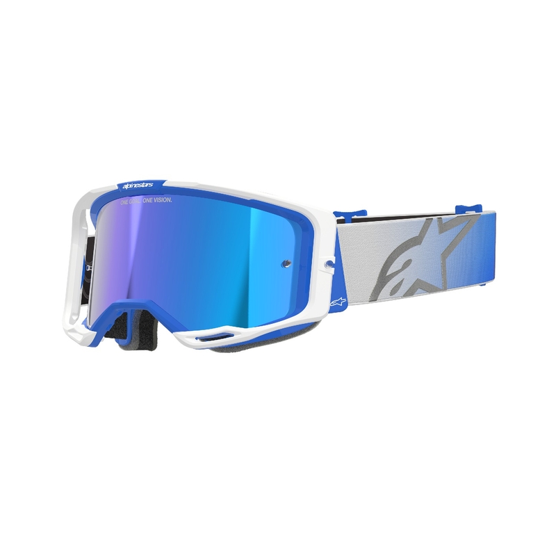 Ochelari de motocross Alpinestars Vision 8 Corp alb-albastru cu lentilă albastră în oglindă