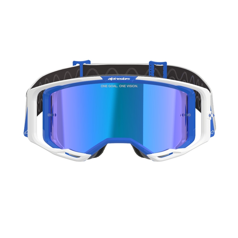 Ochelari de motocross Alpinestars Vision 8 Corp alb-albastru cu lentilă albastră în oglindă