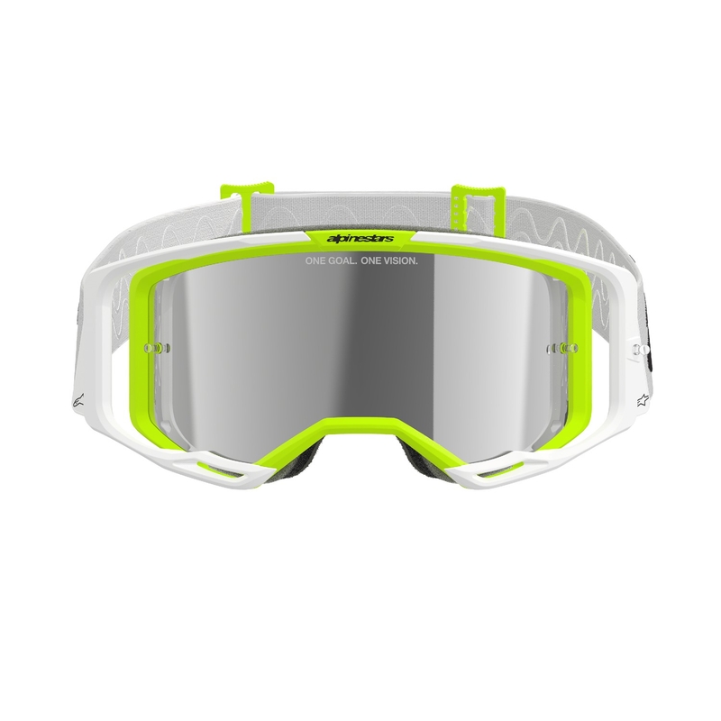 Ochelari de motocross Alpinestars Vision 8 Wordmark alb-galben fluor cu lentilă argintie oglindă