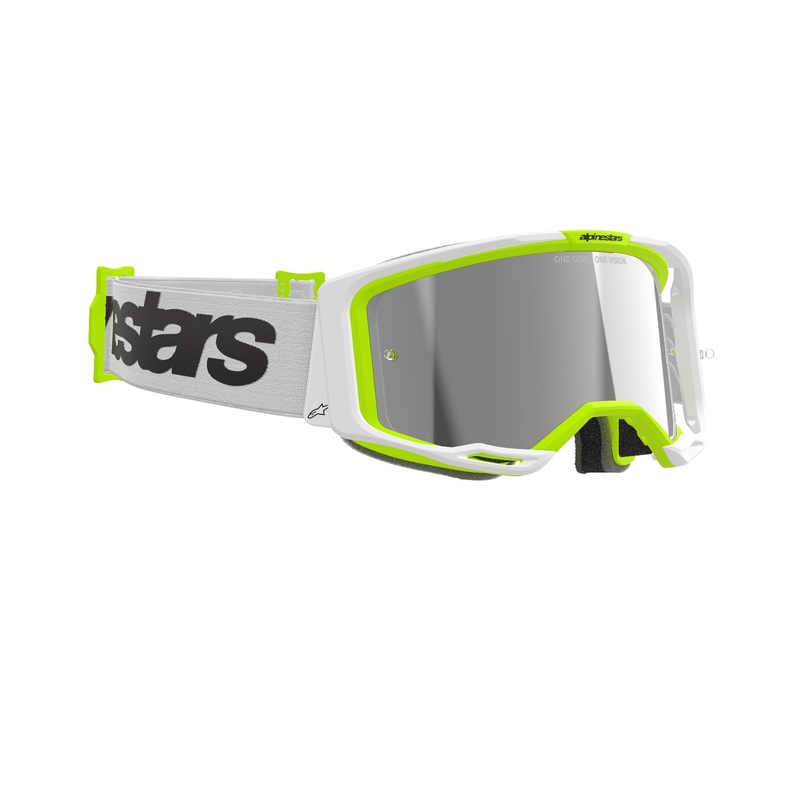 Ochelari de motocross Alpinestars Vision 8 Wordmark alb-galben fluor cu lentilă argintie oglindă