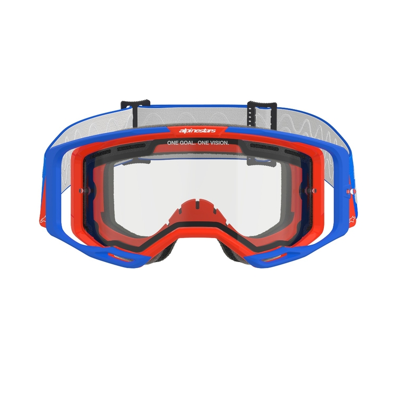 Ochelari de motocross Alpinestars Vision 8 Wordmark albastru-portocaliu cu lentilă dublă anti-aburire transparentă