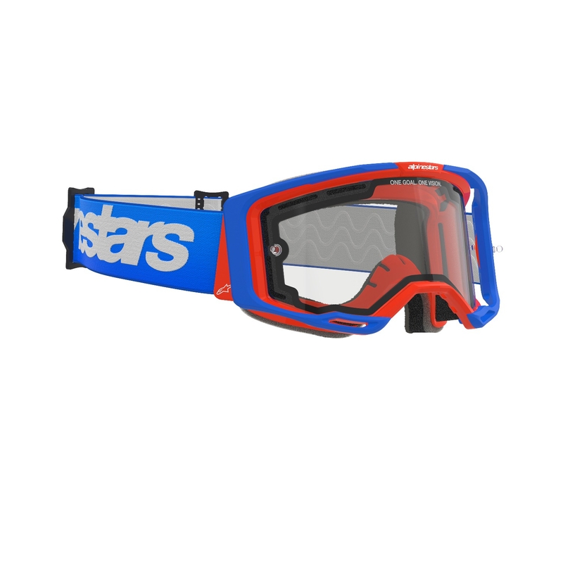 Ochelari de motocross Alpinestars Vision 8 Wordmark albastru-portocaliu cu lentilă dublă anti-aburire transparentă