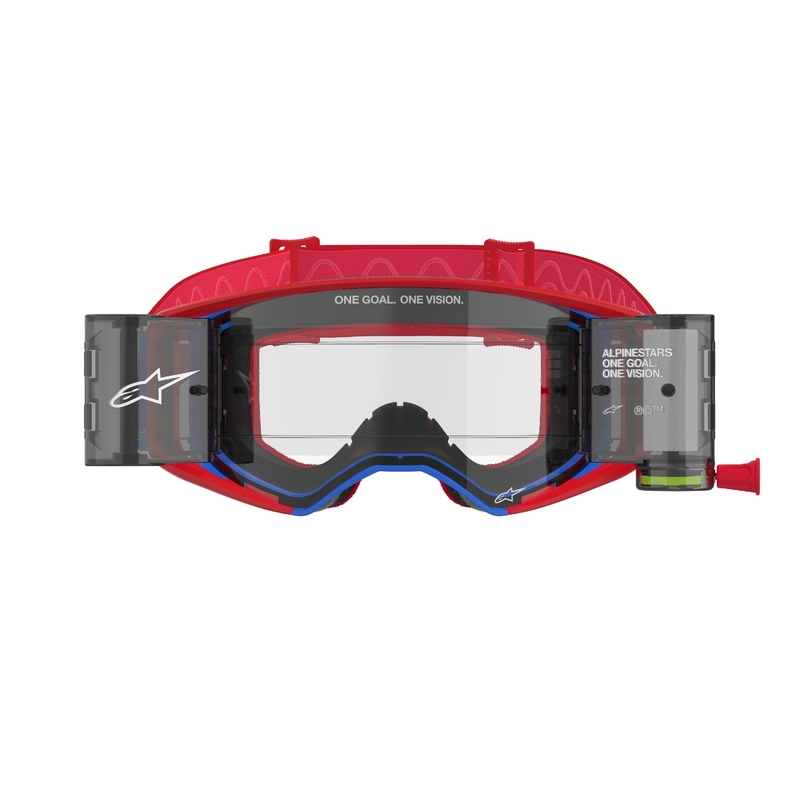 Ochelari de protecție pentru motocross Alpinestars Supertech Corp ROLL-OFF Wide Vision, roșu-albastru, cu lentile transparente