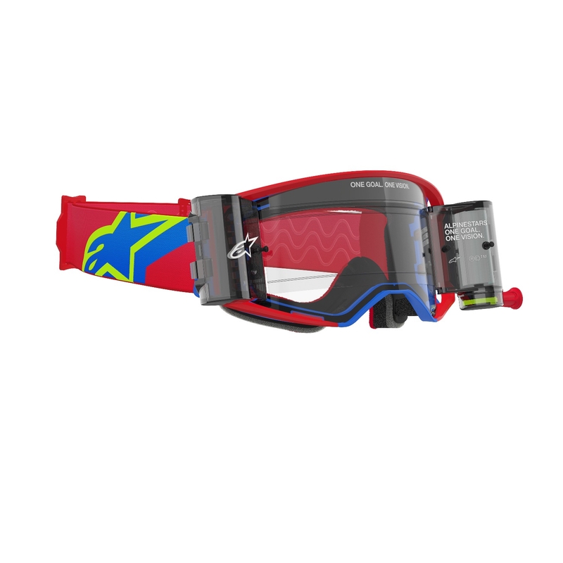 Ochelari de protecție pentru motocross Alpinestars Supertech Corp ROLL-OFF Wide Vision, roșu-albastru, cu lentile transparente