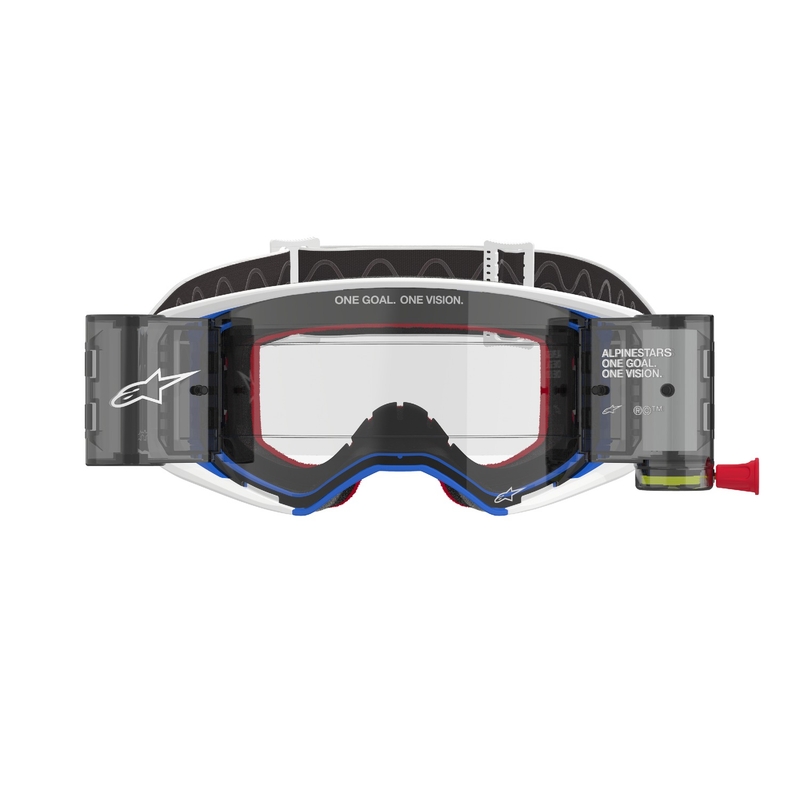 Ochelari de motocross Alpinestars Supertech Corp ROLL-OFF Wide Vision albastru-portocaliu cu lentile transparente