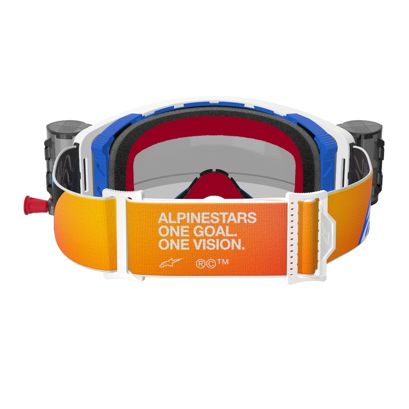 Ochelari de motocross Alpinestars Supertech Corp ROLL-OFF Wide Vision albastru-portocaliu cu lentile transparente