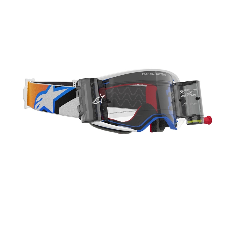 Ochelari de motocross Alpinestars Supertech Corp ROLL-OFF Wide Vision albastru-portocaliu cu lentile transparente