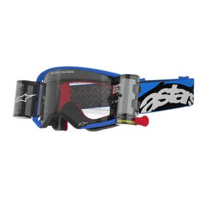 Ochelari de motocross Alpinestars Supertech Stream ROLL-OFF Wide Vision albaștri cu lentile transparente