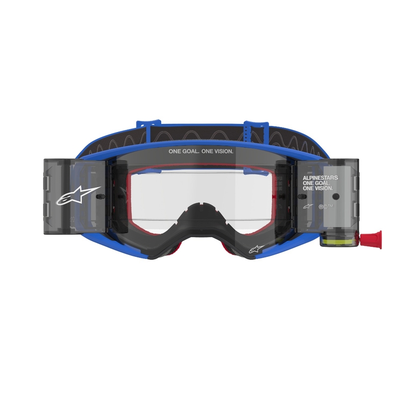 Ochelari de motocross Alpinestars Supertech Stream ROLL-OFF Wide Vision albaștri cu lentile transparente
