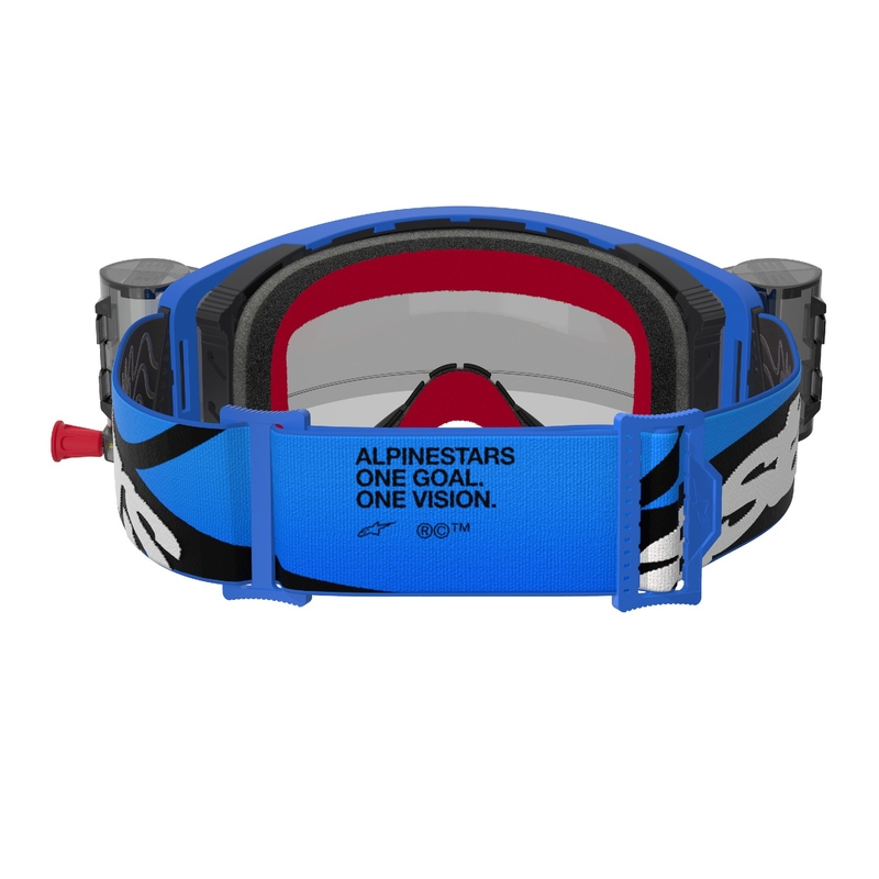 Ochelari de motocross Alpinestars Supertech Stream ROLL-OFF Wide Vision albaștri cu lentile transparente
