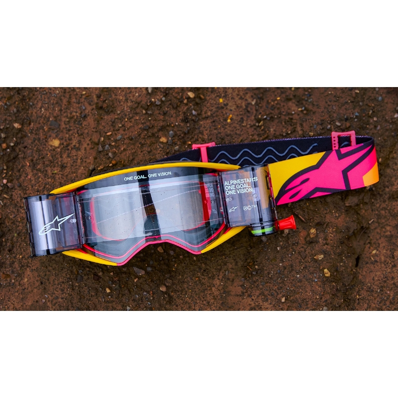 Ochelari de motocross Alpinestars Supertech Stream ROLL-OFF Wide Vision albaștri cu lentile transparente