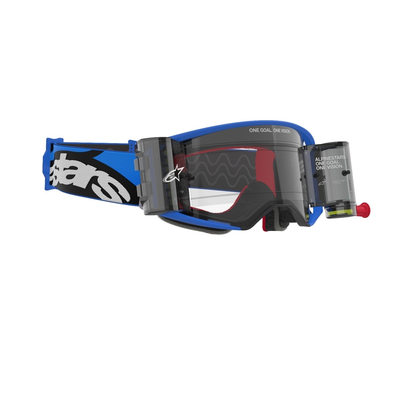 Ochelari de motocross Alpinestars Supertech Stream ROLL-OFF Wide Vision albaștri cu lentile transparente
