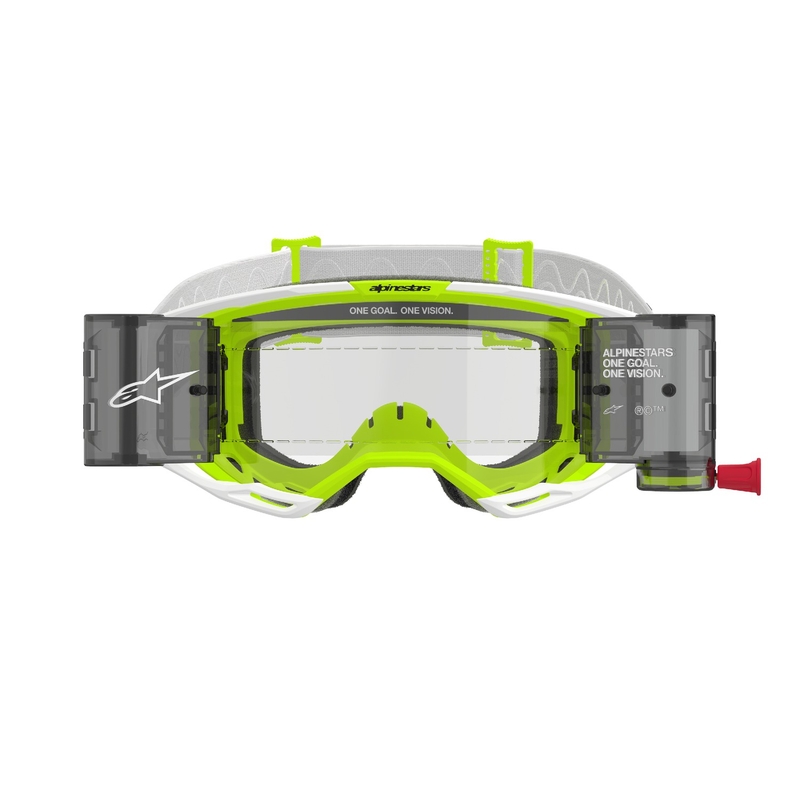 Ochelari de motocross Alpinestars Vision 8 Wordmark ROLL-OFF Wide Vision alb-galben fluo cu lentile transparente