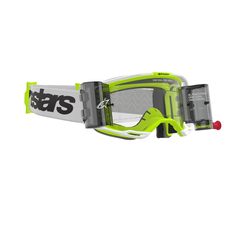 Ochelari de motocross Alpinestars Vision 8 Wordmark ROLL-OFF Wide Vision alb-galben fluo cu lentile transparente