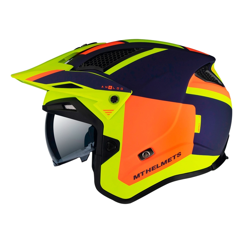 Casca moto open MT District SV Analog D27 albastru-portocaliu-galben fluo - II. calitate