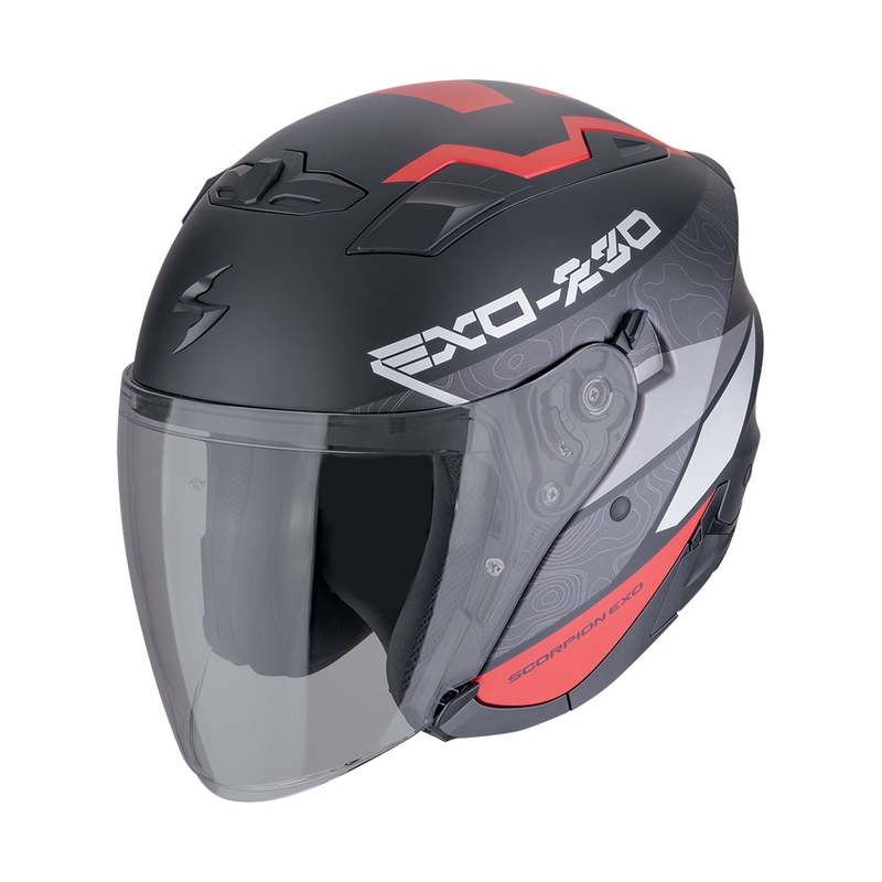 Casca moto deschisa SCORPION EXO-230 BAND negru-rosu-argintiu mat lichidare