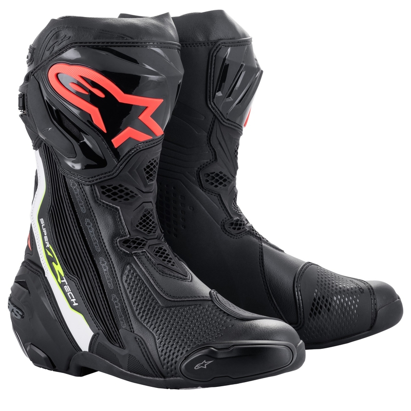 Ghete moto Alpinestars Supertech R negru-alb-rosu fluo-galben fluo