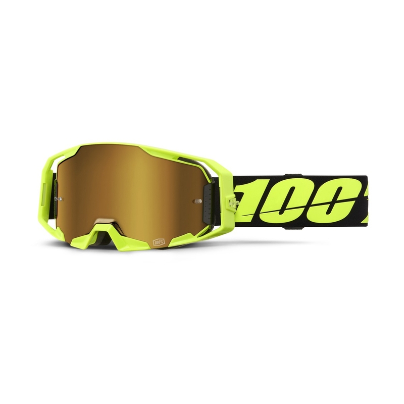 Ochelari de protecție de motocross 100% ARmatic Neon Yellow cu plexiglas auriu adevărat