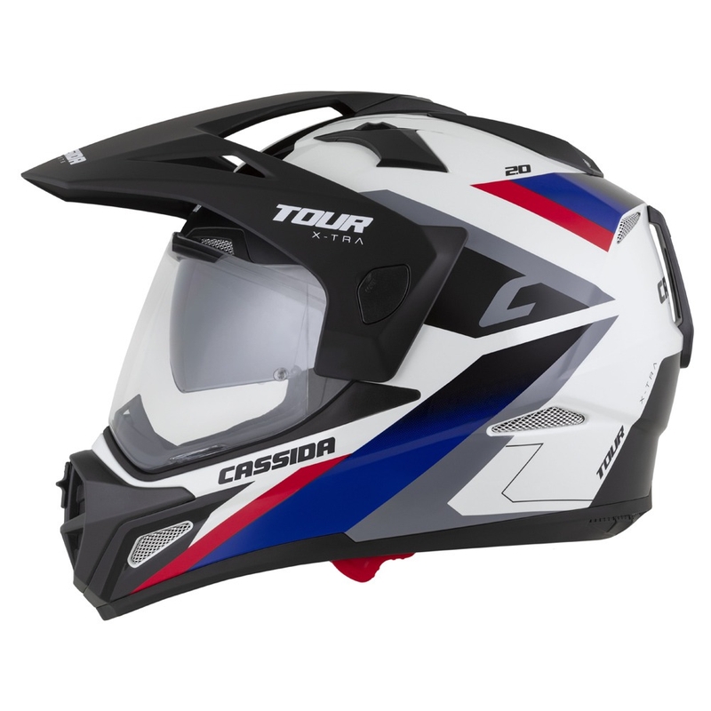 Casca enduro Cassida Tour 2.0 X-tra alb-albastru-rosu-negru cu vizor negru mat