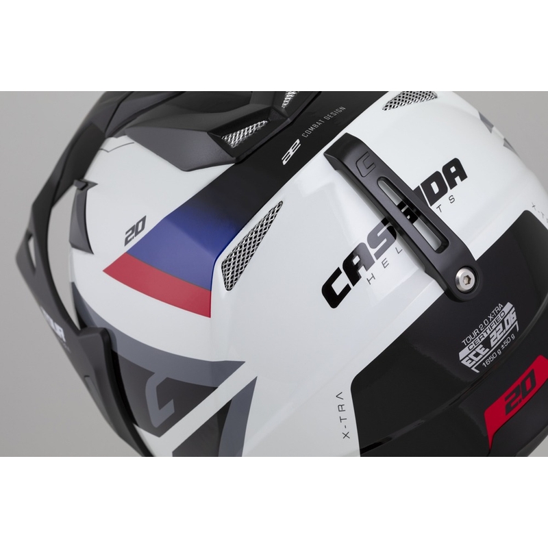 Casca enduro Cassida Tour 2.0 X-tra alb-albastru-rosu-negru cu vizor negru mat